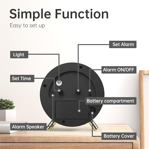 JALL Analog Alarm Clock, 4 inch Super Silent Non Ticking Small Clock with Night Light, Battery Operated, Simple Design, Easy Setting for Office, Bedroom, Bedside, Desk, Teens, Elders, Adult, Black - color: Black+gold