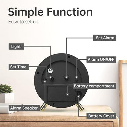 JALL Analog Alarm Clock, 4 inch Super Silent Non Ticking Small Clock with Night Light, Battery Operated, Simple Design, Easy Setting for Office, Bedroom, Bedside, Desk, Teens, Elders, Adult, Black - color: Black+gold