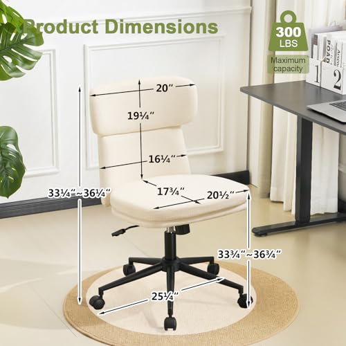 Armless Office Chair with Wheels, Luxury Chenille Swivel Desk Chair with Ergonomic Curved Full Back, Double-Layer Seat, Adjustable Modern Vanity Chair for Makeup, Home Office, Cream White - color: Cream White, size: Full Back
