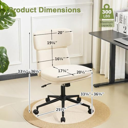Armless Office Chair with Wheels, Luxury Chenille Swivel Desk Chair with Ergonomic Curved Full Back, Double-Layer Seat, Adjustable Modern Vanity Chair for Makeup, Home Office, Cream White - color: Cream White, size: Full Back