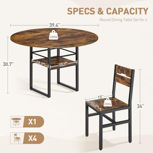 Round Dining Table Set for 4, 5-Piece Kitchen Table and Chairs with Storage Shelf, Circle Dinner Table Set with Wooden Tabletop & Metal Legs, for Kitchen & Dining Room, Rustic Brown and Black