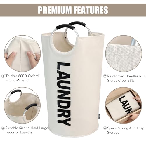 DOKEHOM 125L X-Large Laundry Basket Bag, Collapsible Tall Hamper, Beige | Freestanding tall washing bin & foldable laundry bag. Extra large clothes storage basket with durable sturdy handles - color: Beige, size: 125L