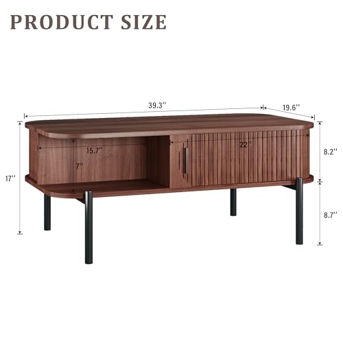 Coffee Table, Fluted Coffee Tables for Living Room, Mid Century Modern Coffee Tables with Storage Open Shelf, Walnut Coffee Table with Sliding Cabinet Door, 2-Tier Rustic Wood Desktop - color: Walnut, size: 19.6"D x 39.3"W x 17"H