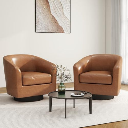 Swivel Barrel Accent Chair, Comfy Reading Armchair, Brown, Set of 2 | Club Chairs for Adults, Low-Back Design, Modern Round Style, Solid Wood Frame & Metal Swivel Base, For Living Room & Bedroom - color: Brown
