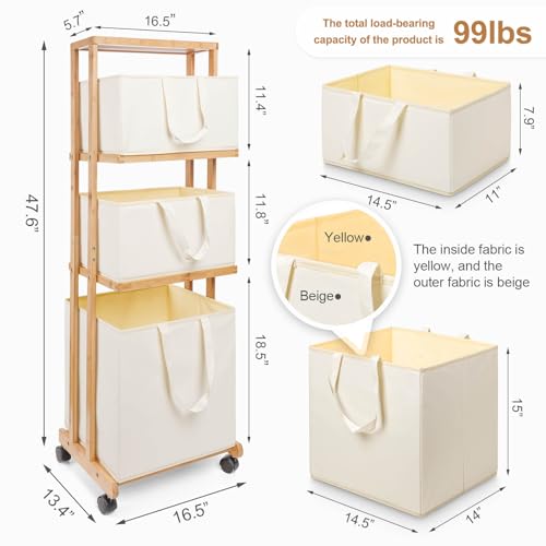 Homde 3-Tier Bamboo Laundry Basket: Storage Shelf with Wheels (Natural) | Freestanding Clothes Hamper Organizer with Handle - Removable Container for Bathroom Living Room Bedroom