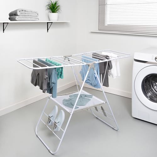 Honey-Can-Do Heavy-Duty Gullwing Clothes Drying Rack, 50 lb, White | Gullwing rack adds 46 ft of drying space with dedicated shoe bars. Sturdy metal, 50 lb capacity, folds flat. - color: White, size: 57" W