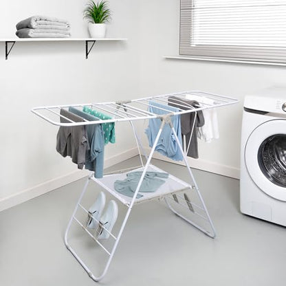 Honey-Can-Do Heavy-Duty Gullwing Clothes Drying Rack, 50 lb, White | Gullwing rack adds 46 ft of drying space with dedicated shoe bars. Sturdy metal, 50 lb capacity, folds flat. - color: White, size: 57" W