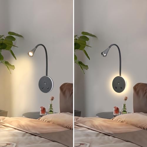 Black Headboard Reading Light with Nightlight, 2 Pack Wall Mounted Reading Lights with Switch, Plug-in Hardwired Reading Lamp for Bedtime Reading, Gooseneck Reading Sconces for Bedroom, Bedside - color: Black-2 Pack