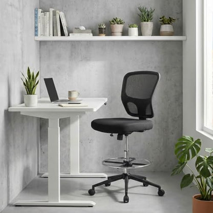 Armless Drafting Chair Tall Office Chair Adjustable Height High Back Ergonomic Desk Chair Drafting Stool Rolling Bar Stools Chairs with Footrest and Wheels - color: Black