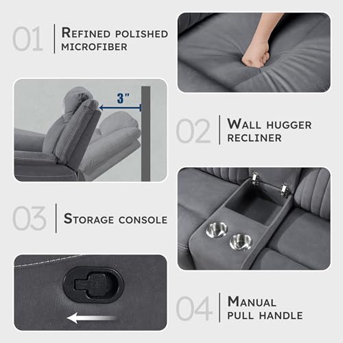 Lexicon 75" W Manual Double Reclining Loveseat with Center Console, Gray | Polished Microfiber Manual Wall Hugger Loveseat Recliner, Cup Holders, for Living Room, Tool Free Assembly - color: Grey, size: Reclining Loveseat