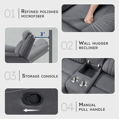 Lexicon 75" W Manual Double Reclining Loveseat with Center Console, Gray | Polished Microfiber Manual Wall Hugger Loveseat Recliner, Cup Holders, for Living Room, Tool Free Assembly - color: Grey, size: Reclining Loveseat