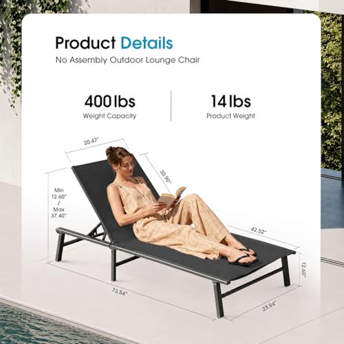 Foldable Outdoor Lounge Chair Set of 2, No Assembly Aluminum Chaise Lounge Outdoor with 5 Adjustable Positions, Pool Lounge Chairs with Portable Design for Pool, Beach, Deck, Patio, Black - color: Black-upgraded, size: 2 Packs