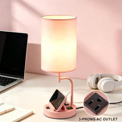 Dreamholder 2 Pack Table Lamp, Bedside Lamp with 3 USB Charging Ports & AC Outlet, USB Desk Lamp with 2 Phone Holders, Linen Fabric Shade Nightstand Lamps for Bedroom Living Room Office, Pink - color: Pink