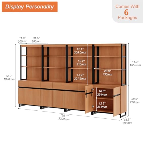 WAMPAT 4 PCS Modern 72" Tall Bookshelf with Metal Base and Adjustable Shelves, Library Bookcase with Storage Cabinet and Open Book Shelfs, Wood Bookshelves for Home Office, Living Room, Mocha - color: Mocha-a, size: 4 PCS
