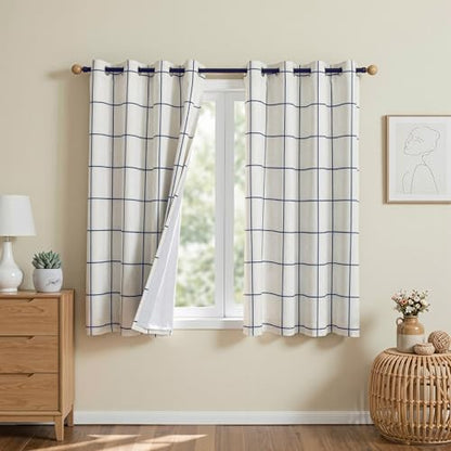 MYSKY HOME 100% Blackout Plaid Linen Farmhouse Curtains 45 Inches Long 2 Panels - Double Layer Thermal Insulated Checkered Print Grommet Top Drapes for Living Room Bedroom, Pack-2, 52"Wide, Navy Blue - color: Navy Blue, size: 52"W x 45"L (Pack of 2)