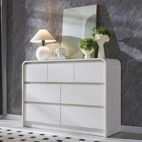 Aitjunz Modern 7 Drawers Dresser for Bedroom, 47" Wide Wood Dressers & Chests of Drawers w/Curved Profile Design, Mid Century Modern Dresser w/Natural Texture for Bedroom, Living Room,Antique White - color: White, size: 15.5"D x 47.2"W x 33.9"H (7 Drawers