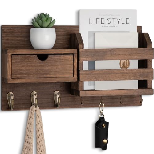 Lwenki Wall Mount Key Holder with Mail Organizer, 100% Paulownia Wood, 7 Metal Hooks, Storage Drawer, Entryway Home Decor (Brown) - color: Brown