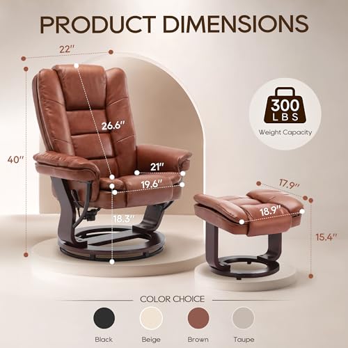 Swivel Recliner Chair with Ottoman Reclining Lounge Sofa Footrest, Set of 2 | 360°Sturdy Wood Base, Soft Faux Leather, Upholstered Ultra-Plush Foam, Modern Armchair, Living Room Bedroom Office Reading - color: Brown, size: Set of 2