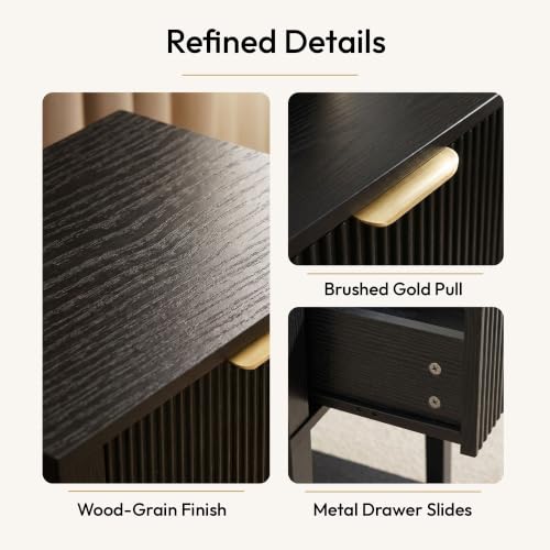 FuniXpress Black 15" Wide Small Nightstand with Drawer, Shelf, Fluted Front | Black wood-grain finish, fluted drawer with gold handle accent, 11.8-inch slim depth, compact storage for small spaces - color: Black