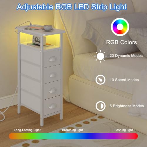 sthmec Nightstand Set 2 with Charging Station, Narrow End Table Set of 2 with 4 Drawers, LED Side Table with Fabric Drawers,Slim Sofa Couch Tables for Small Spaces,Living Room,Bedroom, White - color: White, style: Power & LED