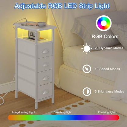 sthmec Nightstand Set 2 with Charging Station, Narrow End Table Set of 2 with 4 Drawers, LED Side Table with Fabric Drawers,Slim Sofa Couch Tables for Small Spaces,Living Room,Bedroom, White - color: White, style: Power & LED