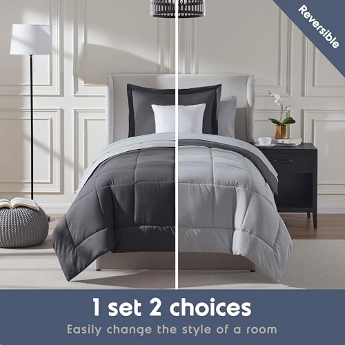 Nestl 5 Piece Twin Comforter Set – Dark Grey Reversible Bed in a Bag – Complete Twin Size Bedding Set with Sheets, Pillowcase and Sham - color: Dark Grey, size: Twin