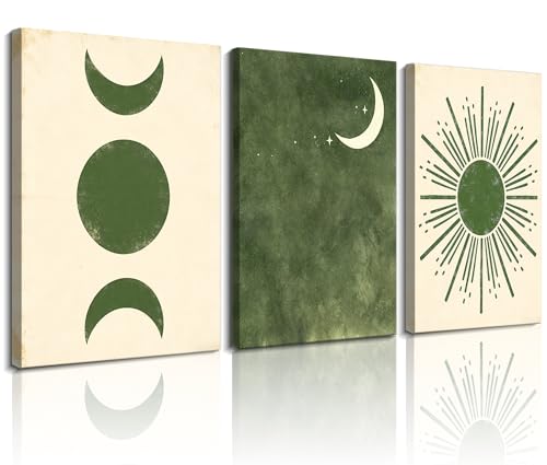 Frimeeme Boho Sun and Moon Canvas Wall Art Set of 3, Mid Century Modern Minimalist, Living Room Bedroom Decor, 12x16 Inch,Framed - color: Framed - Boho Sun and Moon Canvas Wall Art, size: 12"L x 16"W x 3Pieces