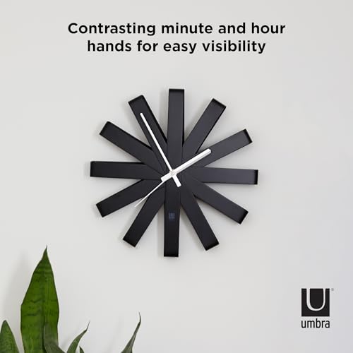 Umbra Ribbon Modern 12" Wall Clock, Silent Non Ticking Battery Operated Quartz Movement, Black