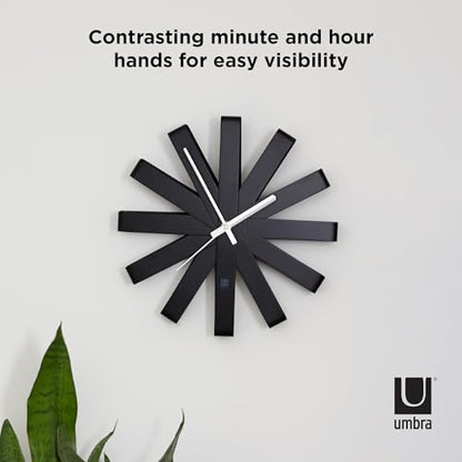 Umbra Ribbon Modern 12" Wall Clock, Silent Non Ticking Battery Operated Quartz Movement, Black