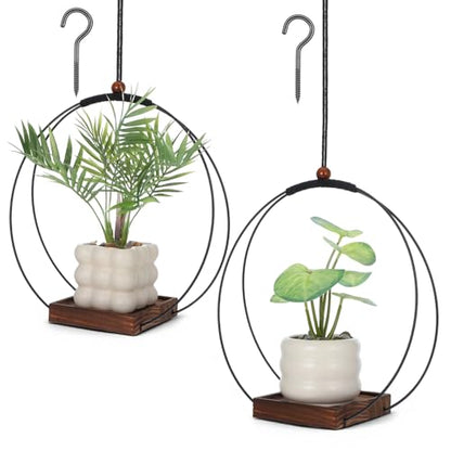 2 Pack Hanging Planters,12 Inch Metal Plant Hanger Flower Pot Holder | for Indoor Outdoor Plants, Sturdy Wood Base, Modern Boho, Minimalist, Basket, Wall Ceiling Window Stands, Home Wall Decor