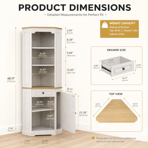 68" Tall Corner Cabinet with Adjustable Shelves | Bar Storage Cabinet with Drawer & Door, Freestanding Wood Corner Bookshelf for Bathroom, Living room, Dining room & Kitchen