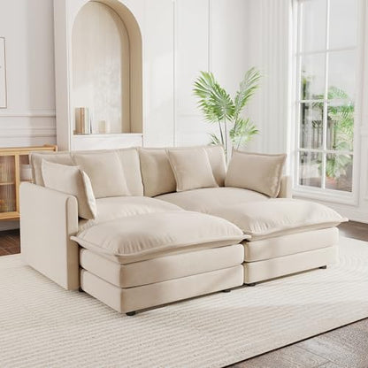 Aoowow Modular Sectional Sofa Modern Convertible Loveseat Couch,77.16 Inch Deep 2-Seater Sofas Comfy Chenille Cloud Sofas and Couches Set with 2 Movable Ottoman for Living Room Apartment（Light Coffee） - color: Light Coffee, size: 2 Seat + 2 Ottoman