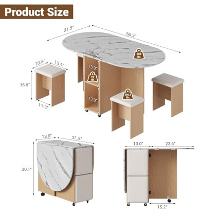 60" Extendable Drop Leaf Dining Table Set with 4 Leather Chairs,Storage,5 Pcs Oval Foldable Kitchen Table and Chairs Set for 4-8 People,6 Wheels,Folding Table Set for Small Space Saving,White Marble - color: White Marble