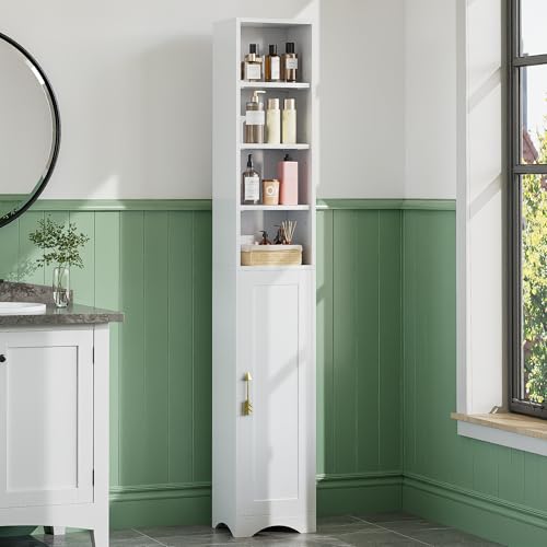 VECELO 71" Tall Narrow Storage Cabinet, Bathroom Storage Slim Freestanding Cabinet with Door & 6 Adjustable Shelves, Anti-Tip Design for Small Space, Kitchen, Living Room, White - color: White