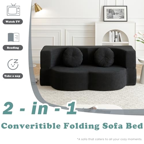 76" Convertible Folding Futon Sofa Bed, Queen Sleeper Sofa with Pillow, Teddy Floor & Futon Loveseat Couch, Foam Folding Mattress Sleeper for Living Room, Guest Use, Apartment, No Assembly (Black) - color: Black