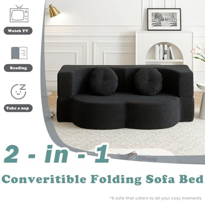 76" Convertible Folding Futon Sofa Bed, Queen Sleeper Sofa with Pillow, Teddy Floor & Futon Loveseat Couch, Foam Folding Mattress Sleeper for Living Room, Guest Use, Apartment, No Assembly (Black) - color: Black