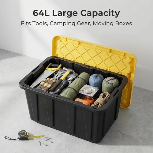 4 Pack 17 Gallon Stackable Lockable Storage Bins with Lids, Black & Yellow | Thickened durable plastic, nestable empty design, built-in ergonomic handles, multi-scene indoor outdoor storage use