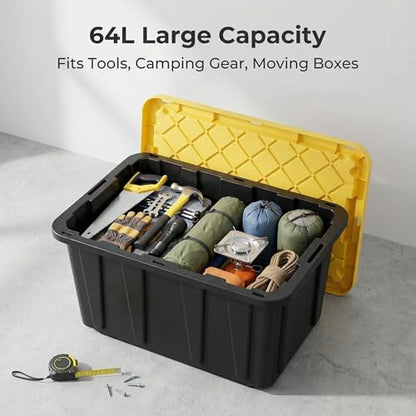 4 Pack 17 Gallon Stackable Lockable Storage Bins with Lids, Black & Yellow | Thickened durable plastic, nestable empty design, built-in ergonomic handles, multi-scene indoor outdoor storage use