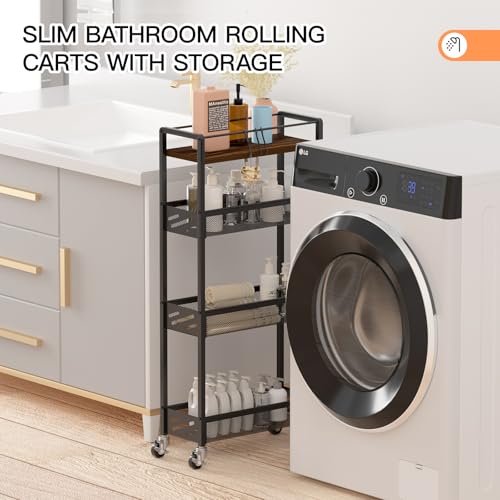 DGSNADGO Slim Rolling Storage Cart, 4-Tier Narrow Kitchen Cart with Wheels | Metal Mobile Snack Shelving, Rolling Spice Rack for Small Space in Kitchen, Living Room, Bathroom, Rustic Brown and Black - color: Rustic Brown+black