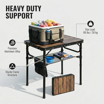 Small Folding Camping Table, 2ft Portable Picnic Table Aluminum 24" x 16" Folding Table, 3 Adjustable Heights Portable Lightweight Table Dining Table for RV, Picnic, Beach (Wood Grain) - color: Wood Grain