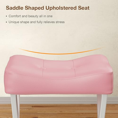 18-Inch Leather Vanity Stool Chair, Pink Saddle Vanity Stool | Vanity Bench, Metal X-Leg, 300 LBS, 16.3"x12.4"x18", Ottoman Accent Stool, Thick Padded Saddle Seat, For Living Room, Bedroom - size: Small, style: Pink Leather