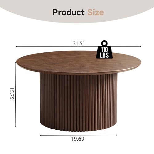 31.5" Round Coffee Table, Modern Fluted Accent Center Table with Metal Frame, Wooden Circle Coffee Tables for Living Room Small Space or Office (Walnut) - color: Walnut 31.5" Round