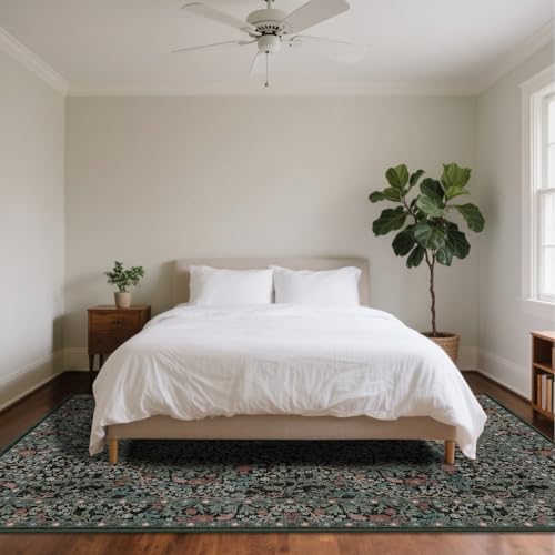 8x10 Washable Area Rugs for Living Room, Stain Resistant Vintage Rugs for Dining Room Under Kitchen Table, Bedroom, Floral Low Pile Non-Slip Large Carpet (8 x 10 Dark Green) - color: Dark Green, size: 8' x 10' (Rectangular)