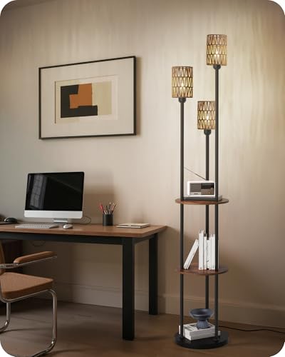 Floor Lamp with Shelves, Boho Floor Lamp with Foot Switch, 3-Light Standing Lamp, for Living Room, Bedroom, Study, Rustic Brown and Yellow YF53LD05 ﻿ - color: Rustic Brown+Rattan