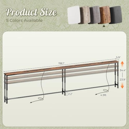 Huuger 118.1 Inch Sofa Table with Power Outlets, 23.9’’-34.4’’ Height Adjustable Range, Behind Couch Table with USB-C Ports, Sofa Tables Narrow Long, Skinny Console Table, Small Spaces, Rustic Brown - color: Rustic Brown, size: 118.1''W x 23.9''-34.4''H