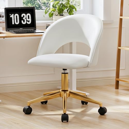 Furnimart Armless Swivel Rolling Desk Chair, Adjustable Faux Leather Vanity Chair with Wheels, Cute Task Chair with Gold Legs for Living Room Bedroom Studying Small Places (PU White) - color: Faux Leather-pu White