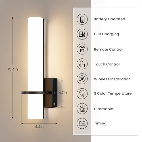 AIJIASI Black Battery Operated Wall Sconces Set of 2, 10000mAh Rechargeable Wireless Wall Sconce with Remote Control, 3000K-6000K Dimmable LED Wall Lights for Living Room Bedroom Hallway 15 Inch - color: Black, size: Battery Operated (15in-2pcs)