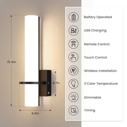 AIJIASI Black Battery Operated Wall Sconces Set of 2, 10000mAh Rechargeable Wireless Wall Sconce with Remote Control, 3000K-6000K Dimmable LED Wall Lights for Living Room Bedroom Hallway 15 Inch - color: Black, size: Battery Operated (15in-2pcs)