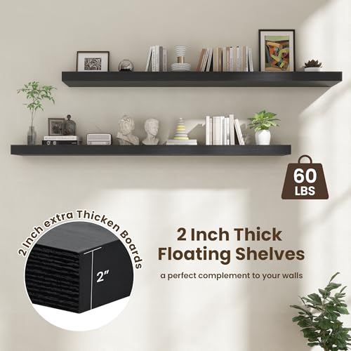 72 Inch Floating Shelves, 12'' Deep Black Shelves for Wall Set of 2 | Invisible Brackets, Engineered Wood, Mounting Hardware Included, 60LBS, Bathroom, Laundry Room, Kitchen, Living Room - color: Black, size: 72W x 11.6D x 2H, 2 Pack