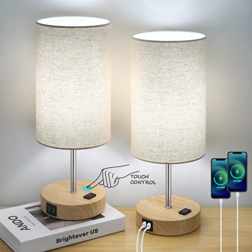 Bedside Table Lamps with 2 USB Charging Ports & AC Outlet, Set of 2 Touch Control Wooden Base Nightstand 3-Way Dimmable Lamps with Beige Fabric Shade for Bedroom, Living Room, A19 E26 Bulbs included - color: Cream